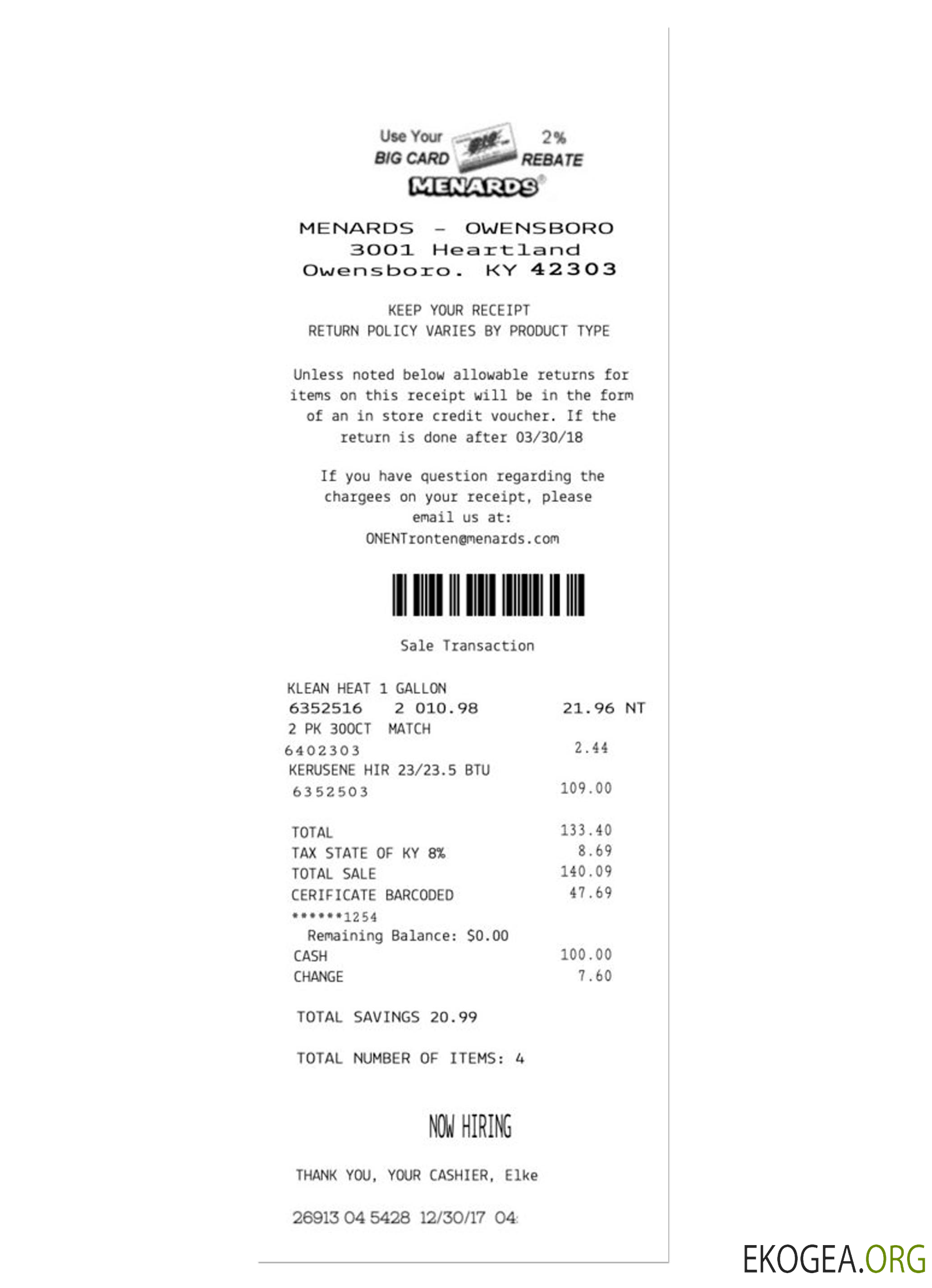 Reçu de paiement MENARDS